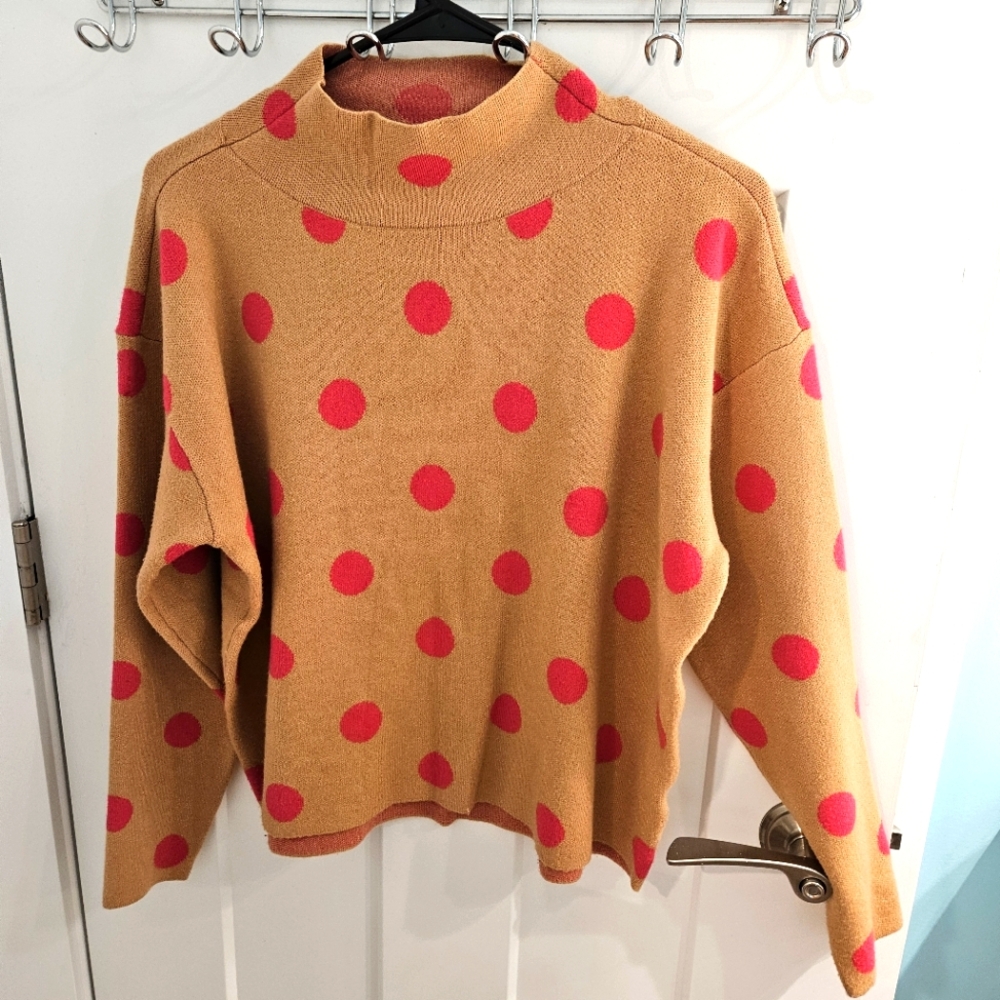Polka Dot Turtleneck Sweater - Tan and Pink